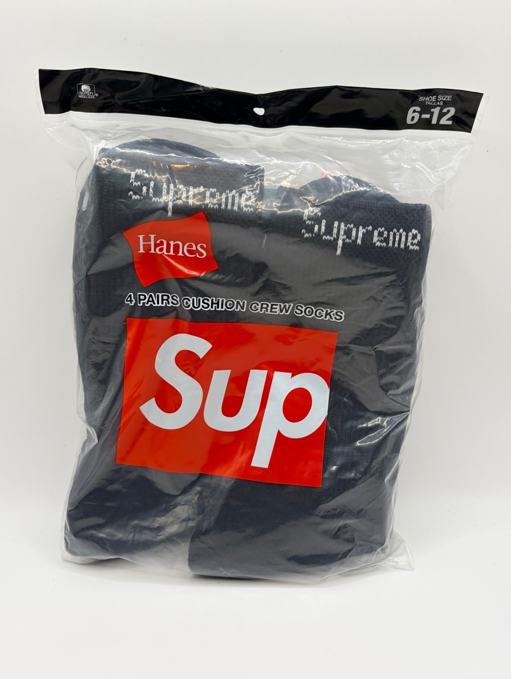 Supreme x Hanes 4 Pairs Cushion Crew Socks Black Size 6-12
